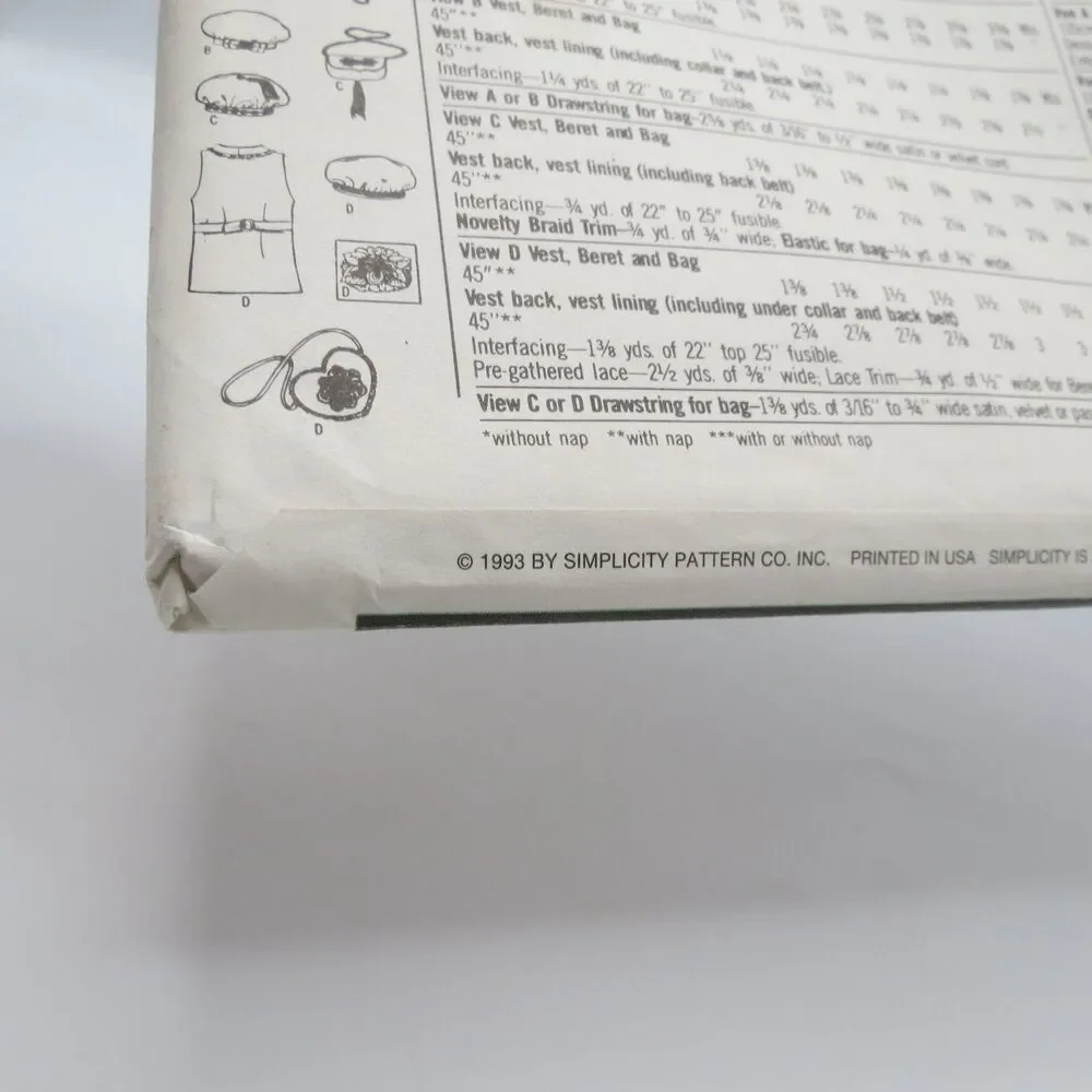 Simplicity 8700 Vest Beret Bag Sz AA (6,8,10,12) 1990s